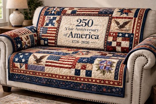 America 250th Anniversary Quilted Sofa Cover, Patriotic Couch Protector, Stars and Stripes Throw, USA 1776-2026 Celebration Decor