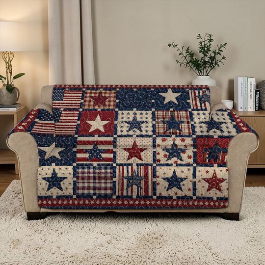 Patriotic American Flag Quilted Sofa Cover, Stars and Stripes Furniture Protector, Red White Blue Luxury Sofa Cover, Rustic Country Decor