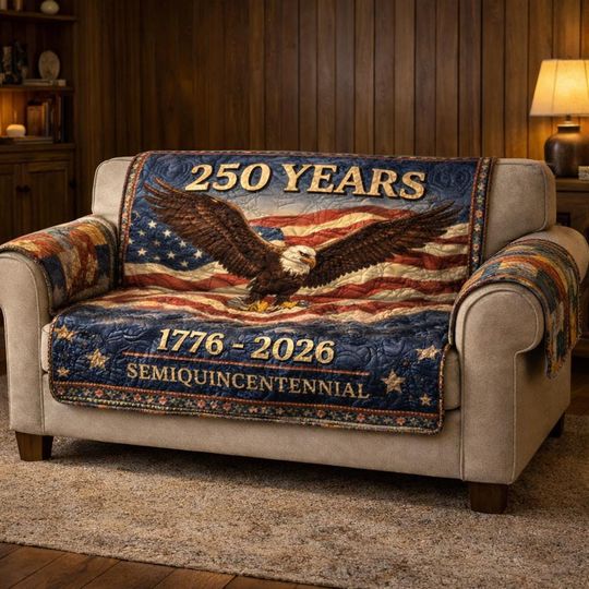 Discover 250th Anniversary of America Quilted Sofa Cover, Patriotic Couch Protector, Bald Eagle and Flag Throw, USA 1776-2026 Semiquincentennial
