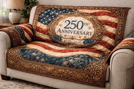 America 250th Anniversary Quilted Sofa Cover, Patriotic Couch Protector, Stars and Stripes Throw, USA Celebration Decor, 1776-2026 Flag Sofa