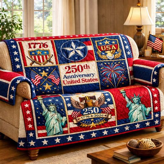 USA 250th Anniversary Sofa Cover 1776-2026, Patriotic Couch Protector, American Flag Quilt Sofa Throw, Independence Day Decor