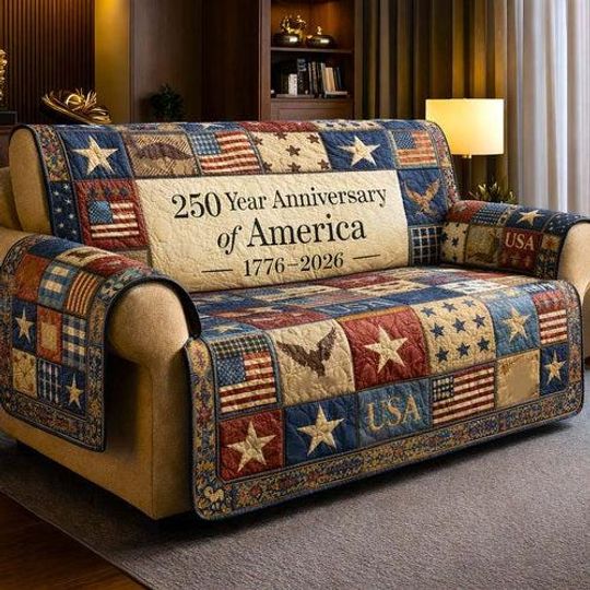250 Year Anniversary of America Sofa Cover Print On Demand, Patriotic USA Couch Protector, 1776-2026 Americana Quilt Throw