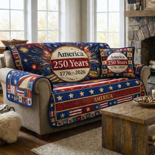 [Pillow No Include] America 250 Years Sofa Cover, Patriotic Quilt Sofa Cover, Independence Day Couch Cover, USA 1776-2026 Blanket