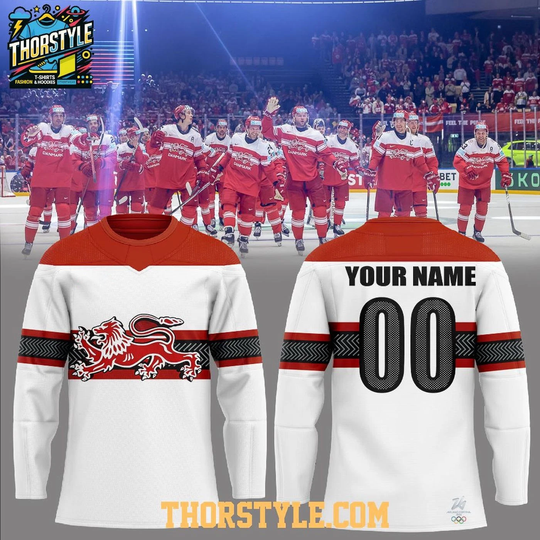 Discover Custom Denmark Team 2026 Olympic Celebrate Hockey Shirt Men's Fan Gear White