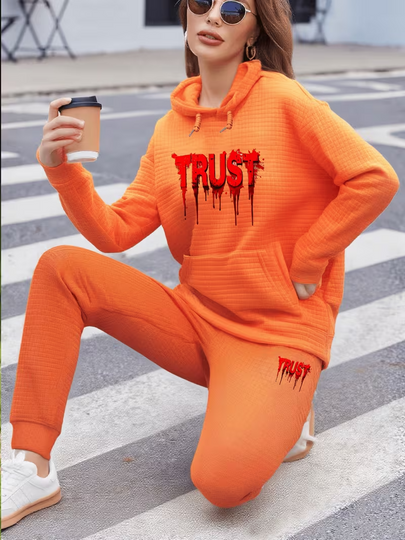 Fashion Graffiti TRUST Pattern Printed Pullover, Waffle Long Sleeve Sweatshirt, Pants, Hooded Set