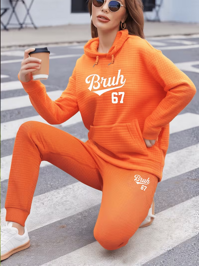 Fashion Letter 67 Pattern Print Pullover Waffle Long Sleeve Sweatshirt Pants Hoodie Set
