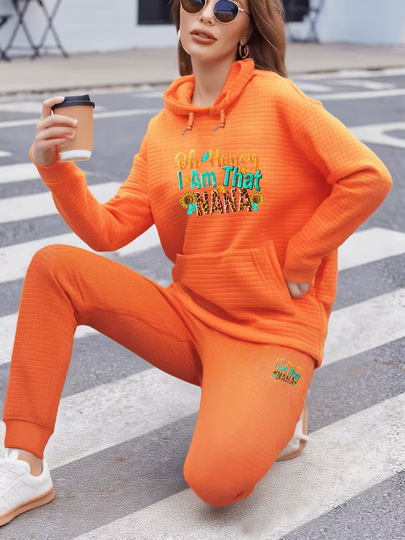 Fashionable And Diverse Letter Pattern Printed Pullover, Waffle Long Sleeve Sweatshirt, Pants, And Hooded Set