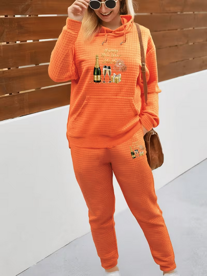 New Year's Eve Happy 2026 Print Pullover Waffle Long Sleeve Sweatshirt Pants Hoodie Set