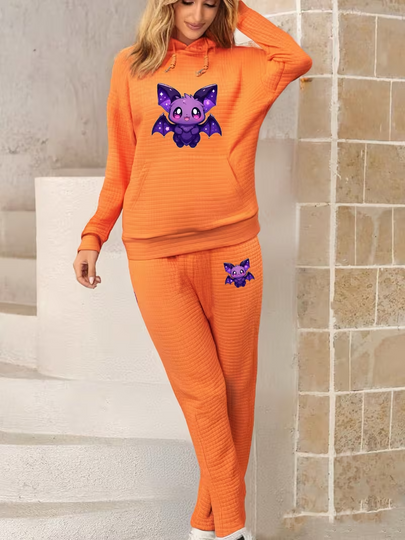 Discover Cartoon Bat Pattern Print Waffle Long Sleeve Sweatshirt and Pants Hoodie Set