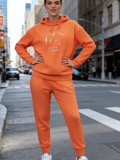 Fashionable Women'S Hoodie And Pants Set Featuring a Horse Letter Pattern Print, Made from Waffle Fabric
