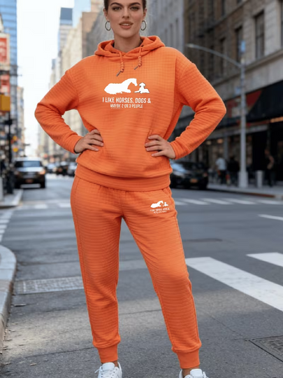 Waffle Fabric Hoodie And Long Pants Set with Horse And Dog Pattern