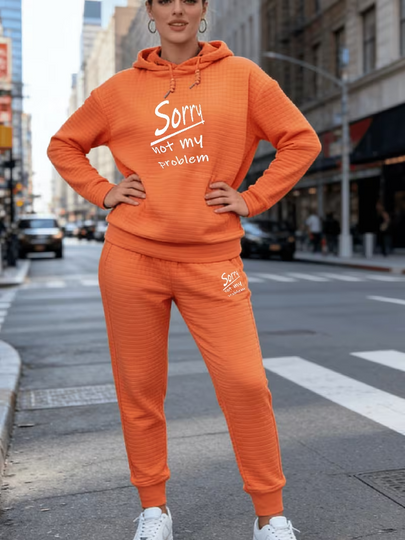 Fashion Letter Pattern Printed Waffle Fabric Hoodie And Long Pants Set