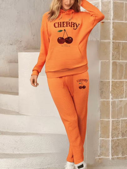 Cherry Pattern Printed Waffle Long Sleeve Hoodie And Sweatpants Set