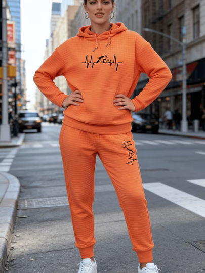 Stick Figure Jumping Horse Pattern Print Waffle Long-Sleeved Sweatshirt Pants Hooded Set