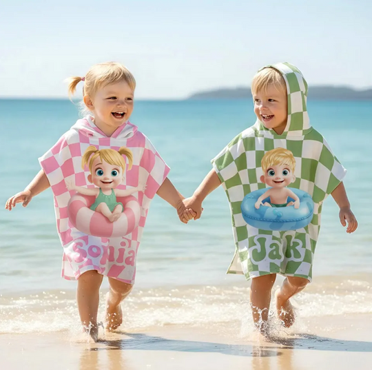 Personalized Kids Hooded Towel, Custom Summer Towel, Summer Checkboard Hooded Towel, Pool Towel, Summer Gift For Kid Daughter Son