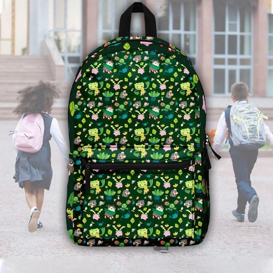 PKM Grass Backpack, Cute Anime School Bag, Anime Style Backpack Gift For Fans, Anime School Green Kawaii, Back to School Anime Gift