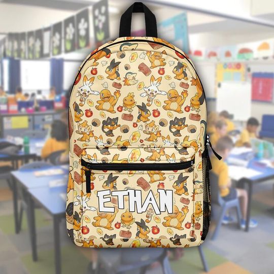 Custom Name PKM Fire Backpack, Personalized PKM Shool Bag, Back to School Gift For Anime Fans,Anime Gift For Boy, Cute Anime Bookbag