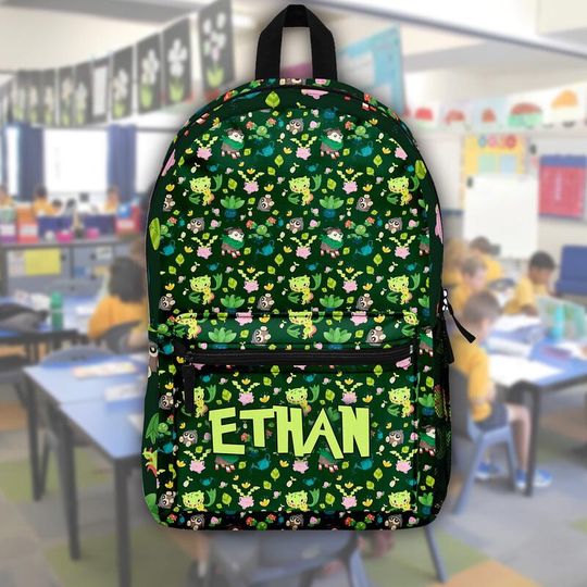 Personalized PKM Grass Backpack, Custom Name Backpack, PKM Shool Bag, Back to School Gift For Anime Fans, Anime Style Backpack Gift