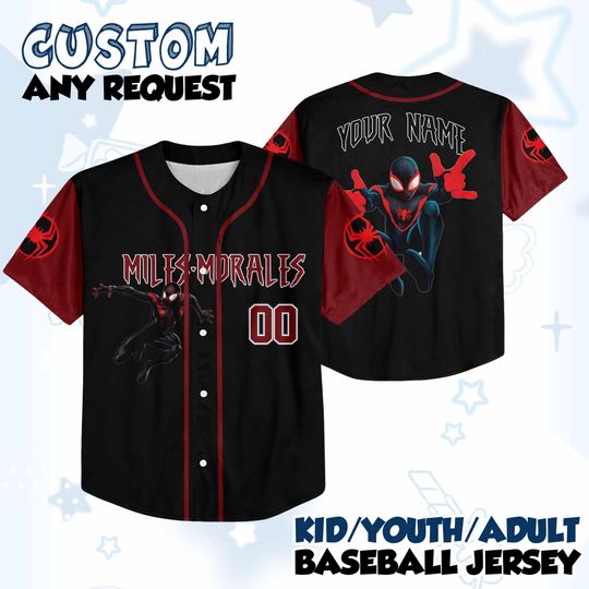 Personalize Spiderman Miles Morales Black Red, Custom Kid Youth Adult Disney Jersey Spider Man Jersey, Baseball Jersey, Gift for Disney Fans