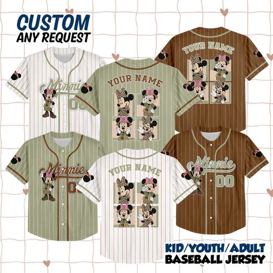 Discover Personalized Safari Minnie Mouse Baseball Jersey, Leopard Minnie Mouse Animal Kingdom Kids Youth Adult Baseball