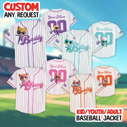 Discover Custom Disney SuperKitties Baseball Jersey, Junior Super Kitties Ginny Sparks Buddy Bitsy Birthday Gift