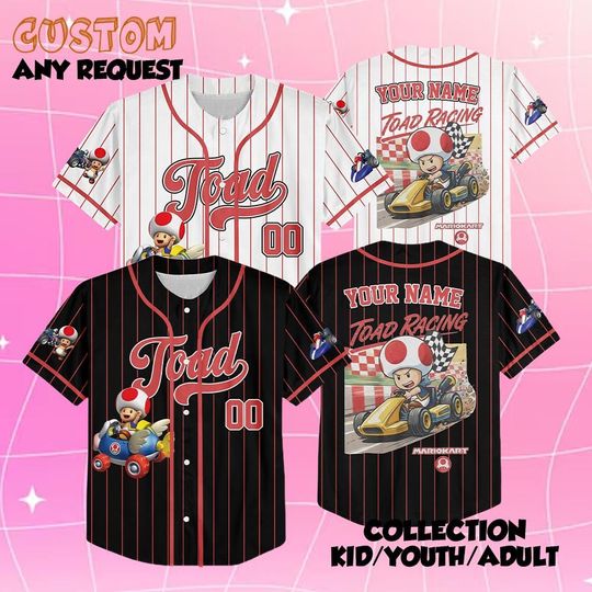 Custom Toad Mario Kart Baseball Jersey, Mario Toad Mushroom Kingdom Shirt