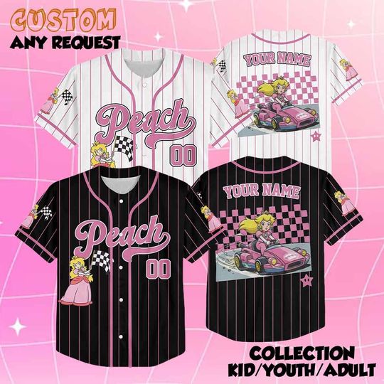Custom Princess Peach Mario Kart Baseball Jersey, Super Mario Jersey Shirt, Mario Kart Shirt