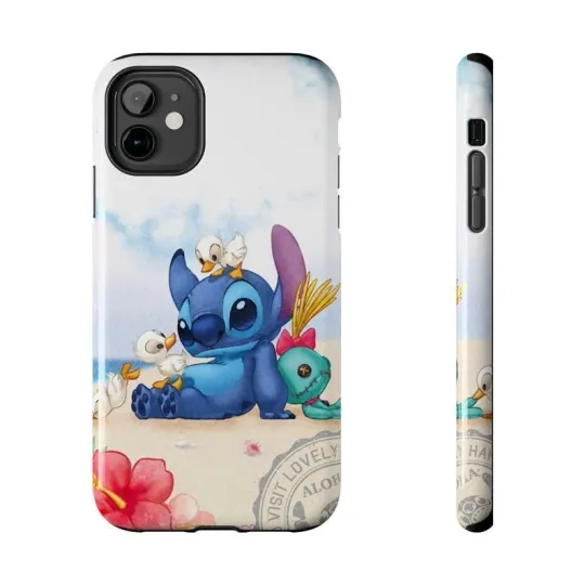 Discover Disney Stitchh and Scrump Iphone Case, with ducklings Hawaii beach