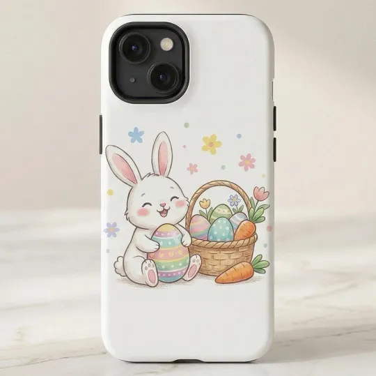 Discover Cute Bunny Easter Phone Case, Rabbit With Egg Basket, Spring Animal Phone Case