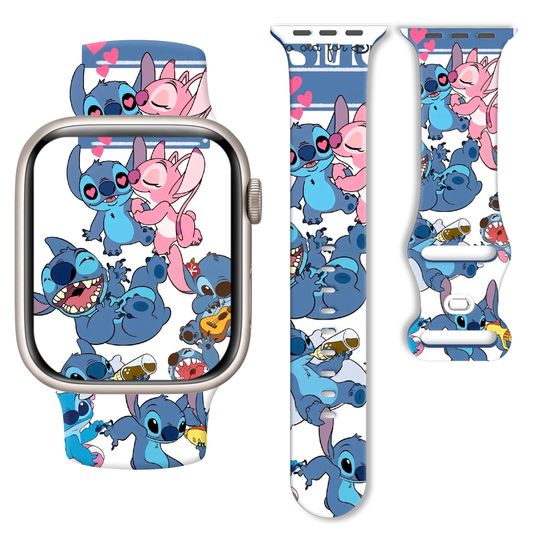 Discover Disney Stitch And Angel Strap for Apple Watch 11 10 9 8 Silicone Band Replaceable Bracelet for iWatch 46/44/42/41mm Watchband