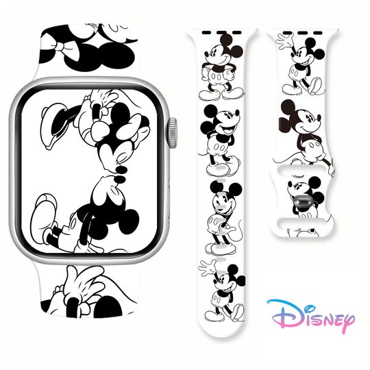 Discover Disney Black and White Mickey Series Print Band for Apple Watch 11/10/9/8/SE, Soft Silicone Replacement Strap for 45mm/44mm/42mm