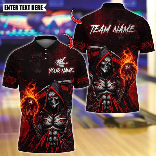 Discover Custom Bowling Team Polo Shirt, Muscle Reaper With Flame Bowling Design, Personalized Bowling Jersey for Men,Personalized Name Team 3D Shirt