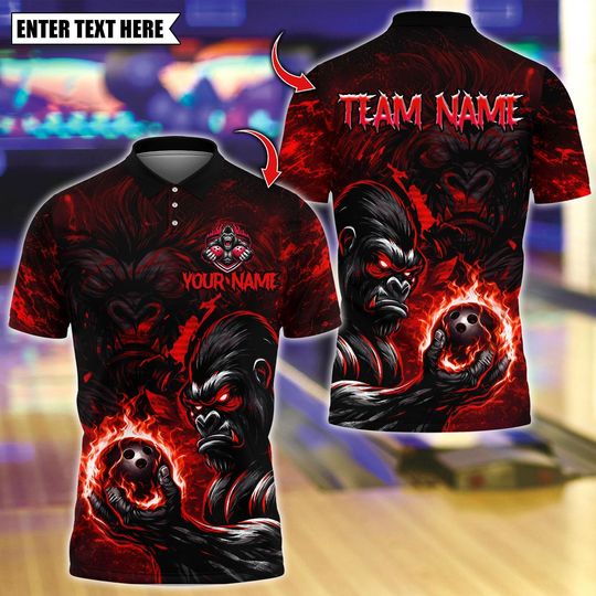Discover Custom Bowling Team Polo Shirt, Muscle Gorrila With Flame Bowling Design,Personalized Bowling Jersey for Men, Personalized Name Team 3D Shirt