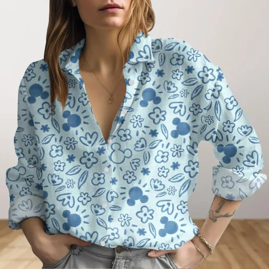 Discover Mickey Mouse Flower Tropical Women Blouse Mickey Button Up Shirts