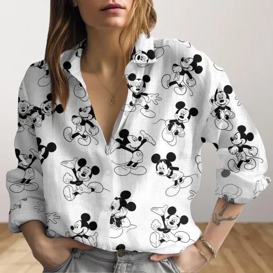 Discover Disney Mickey Look Linen Shirt Mickey Mouse Blouse Women Shirt