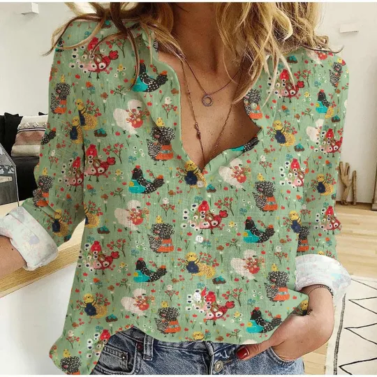 Discover Floral Chicken Pattern Blouse Shirt, Women Chicken Shirt Chicken Girl Shirts