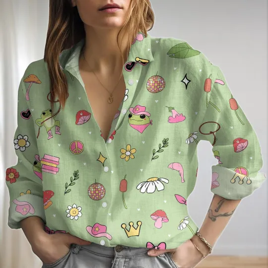 Discover Frog Linen Look Shirt Flower Frog and Toad Women Blouses Shirts