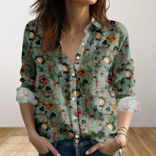 Discover Vintage Baroque Floral Blouse Shirt Retro Botanical Linen Look Shirts