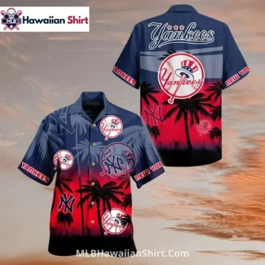 Discover Sunset Red Palm Tree New York New York Baseball Team Yankeess Hawaiian Shirt