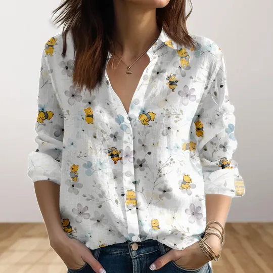 Discover Vintage The Pooh Blouse Shirt, Cute Bear Linen Look Shirts