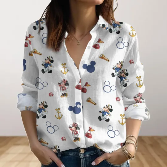 Discover Mickey Minnie Captain Blouse Shirt, Disney Cruise Linen Look Shirts