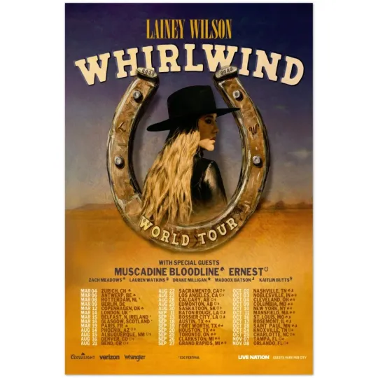 Discover Lainey Wilson Whirlwind World Tour 2026 Dates Country Poster