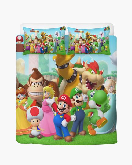 Super Mario Bedding Set with Luigi, Princess Peach, Bowser Duvet Cover