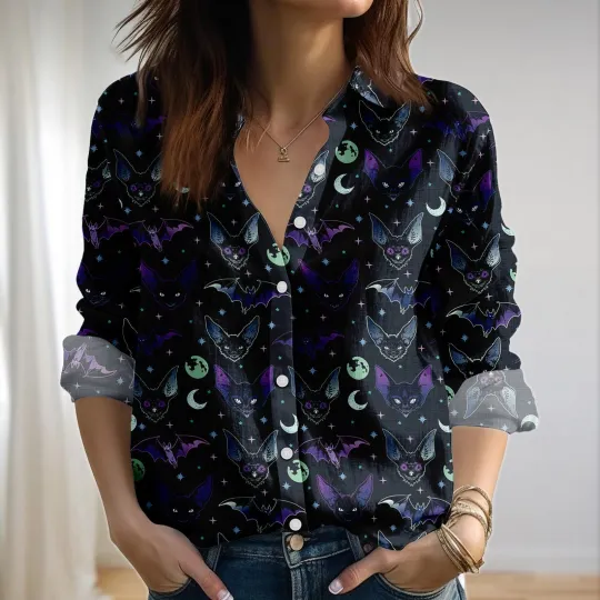 Discover Creepy Bat Blouse Shirt Goth Women Shirt Spooky Season Casual Shirt
