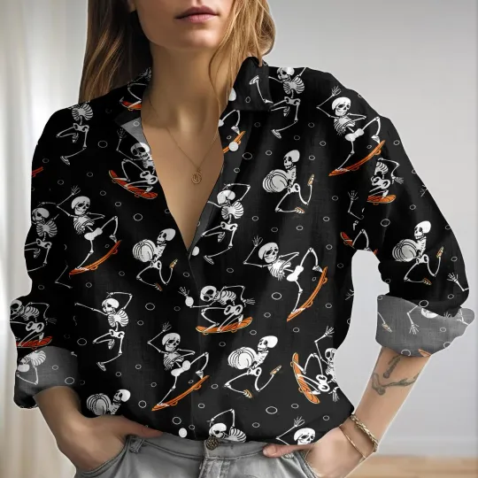 Dancing Skeleton Blouse Shirt, Halloween Skeleton Women Shirts