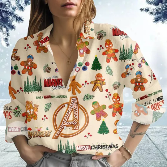 Avengers Christmas Blouse Shirt, Spiderman Women Shirt Marvel Gingerbread Shirt