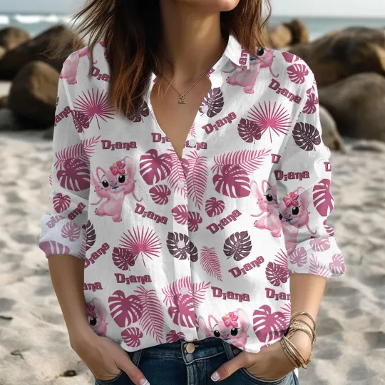 Discover Custom Disney Stitch Angel Women Blouses Lilo And Stitch Long Sleeve Shirt