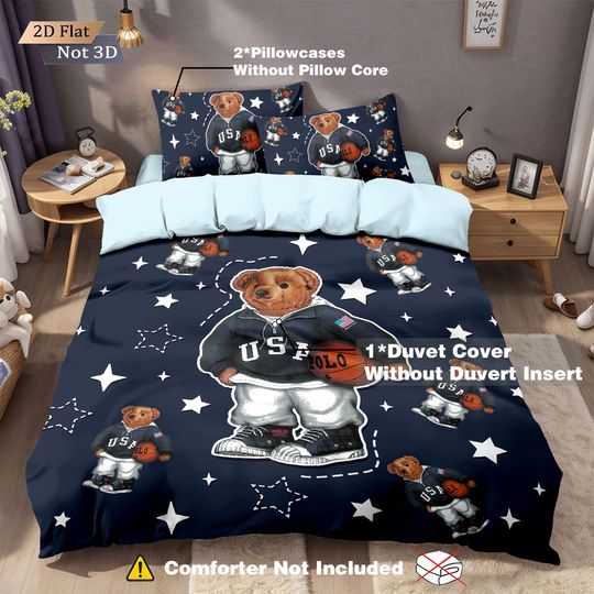 Discover 3pcs Cute Doll Bear Printed Core free Down Duvet Cover Set, Multi Size Bedding Decoration Bedrooms  Dormitories Machine Washable