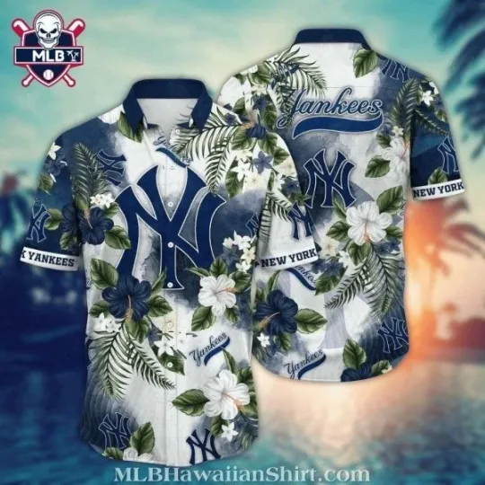 Discover White And Blue Hibiscus Flower New York Baseball Team Yankeess Hawaiian Shirt