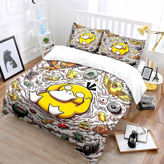 Discover Free Shipping! Cute P-Psyduck Theme Bedding Set 3 Pieces Quilt Cover Pillowcase  US Twin Adult Bed Cover Bedroom Set Kids Gift